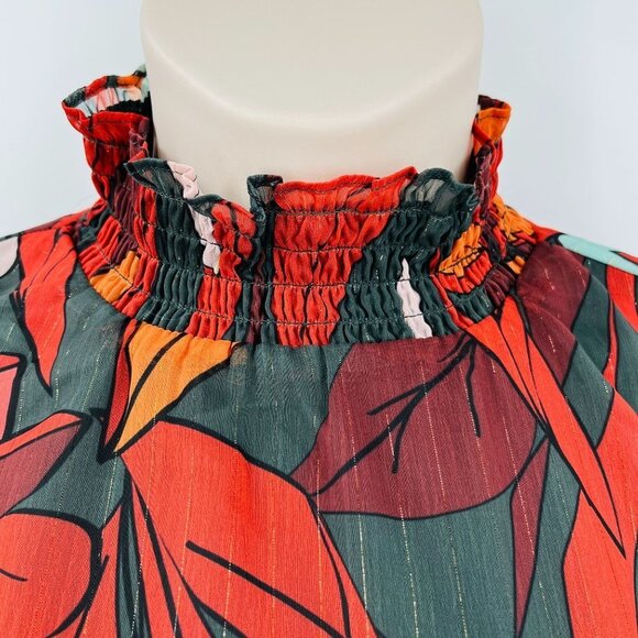 Forest Lily Mini Dress Size XS High Neck, Elastic Waist Fall Print Metallic - Picture 3 of 16